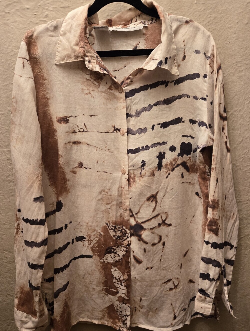 Contemporaine 100% Linen Button Front Shirt Blouse Abstract Print Large L